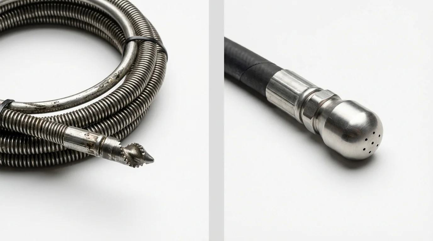 Drain snake cable and hydro jetting nozzle used for drain cleaning in Bowie, MD
