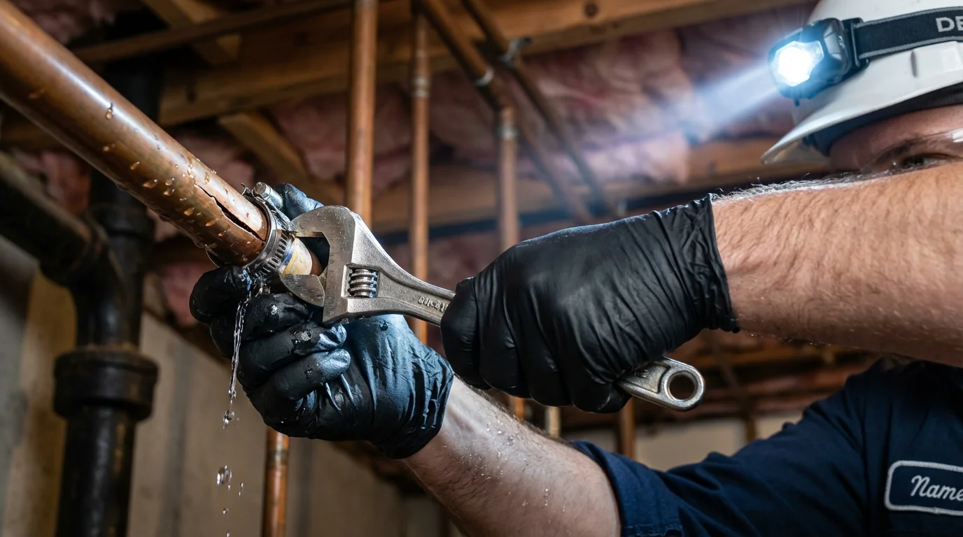 Emergency pipe clamp repair being performed by a Johns Plumbing LLC plumber in Bowie