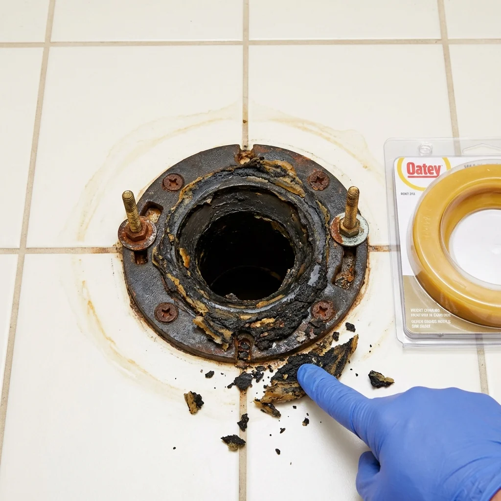 Failed wax ring showing water seepage at the base of a toilet in a Bowie, MD home