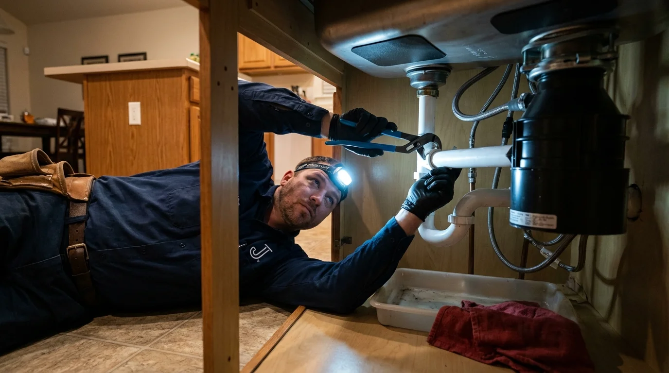 P-trap and supply line connections under a kitchen sink showing a common leak point in Bowie, MD