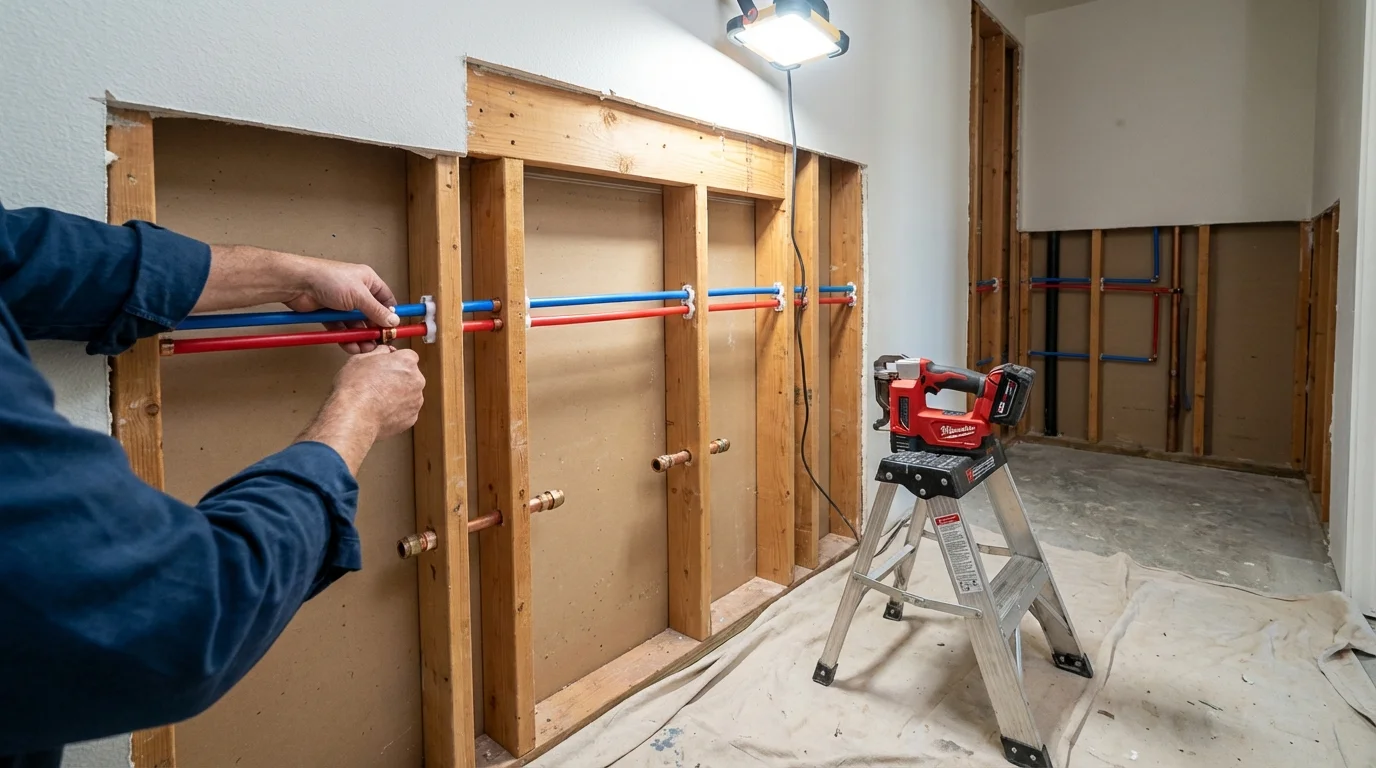 Old galvanized pipes being replaced with modern PEX piping during a whole-house repipe in Bowie, MD